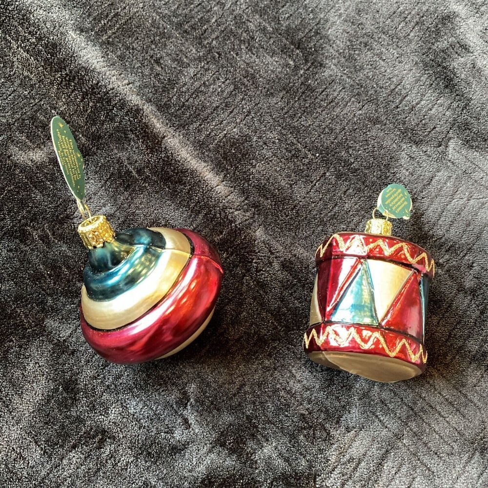 Set 2 Christborn Hand Painted Blown Glass Christmas‎ Ornaments Drum Ball